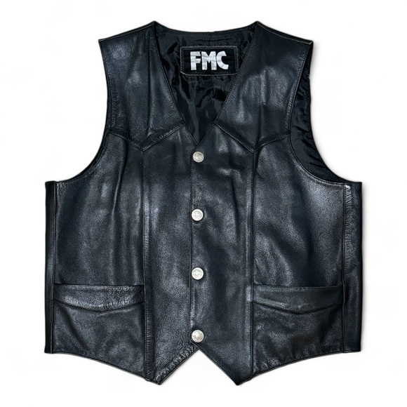 FMC Black Leather Vest Buffalo Nickel Coin Buttons size 46 Mens Biker Motorcycle - Picture 1 of 5